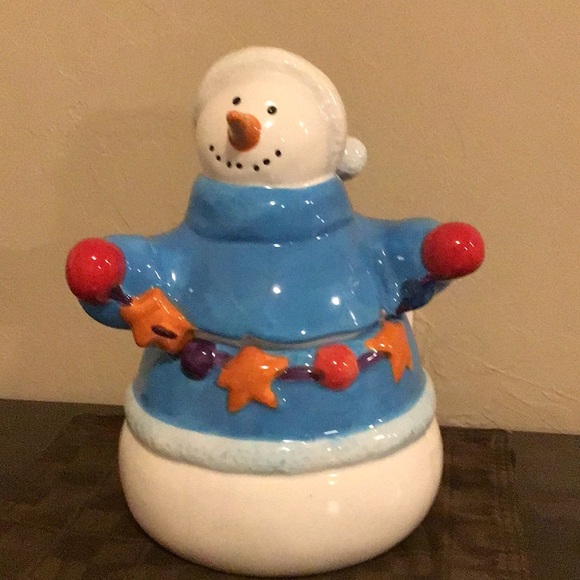 homespun Holiday Other - Homespun Holiday Snowman Ceramic Cookie jar - Blue and White